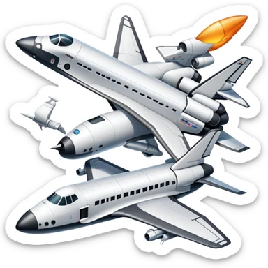 An icon featuring a collage of a space shuttle, a drone, and an airplane, symbolizing aerospace technology. The design includes rocket engines, wings, and flight paths, representing advancements in aviation and space exploration. Transparent background highlights cutting-edge aerospace engineering. sticker