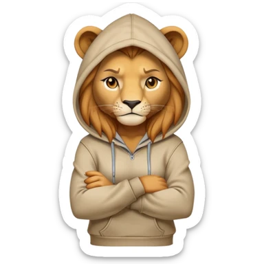 determined anthropomorphised female lion in a hoodie and jeans with arms folded, energetic pose sticker
