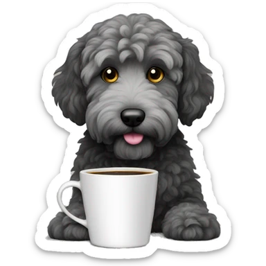 Black and gray goldendoodle dog with coffee cup  sticker