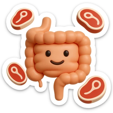 emoji stile iphone in 3d di un intestino con fette di carne che gli fluttuano intorno sticker