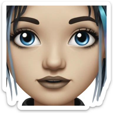 Hyperrealistic white girl with blue eyes and long black hair with rainbow fringe. Wearing cute black & silver choker necklace has dark eye makeup on her eyes sticker