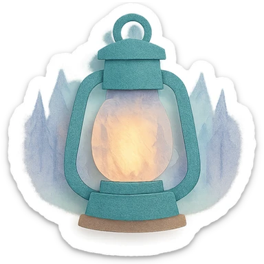 lantern glowing softly in the misty woods, calm and dreamy feel, soft pastel colors, paper craft style sticker