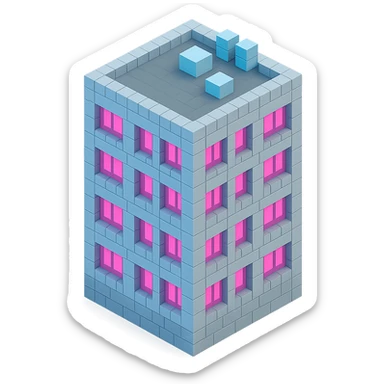 Russian panel apartment building, modern square block, light gray, windows with bright pink glow, isometric view sticker