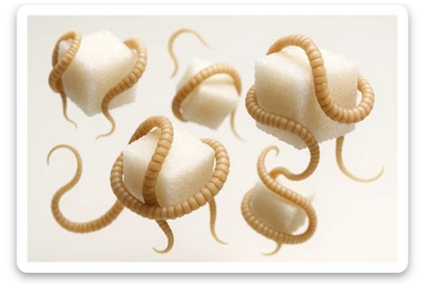 ZOLLETTE DI ZUCCHERO CON PARASSITI TIPO LA TENIA ARROTOLATE INTORNO AD OGNI ZOLLETTA, FLUTTUANO IN ARIA SU SFONDO BIANCO, IPERREALISTICO 4K sticker