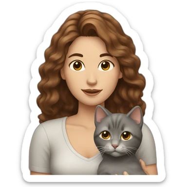 A woman with wavy brown hair holding a grey cat sticker