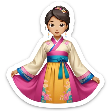 Cinematic Realistic Hanbok Emoji, depicted as a graceful intricately designed traditional Korean dress with vibrant colors and flowing lines, rendered with delicate textures and soft cultural lighting that captures its timeless elegance. sticker
