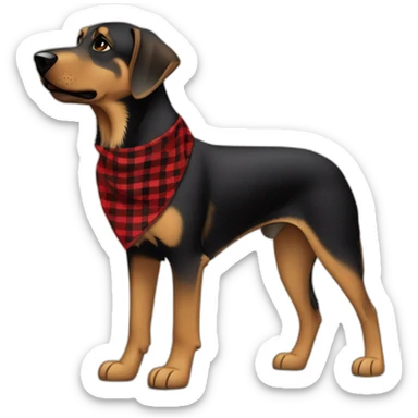 75% Coonhound 25% German Shepherd mix dog wearing small pointed red buffalo plaid bandana side view full body facing left sticker