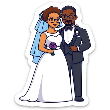 light-skinned African American woman with glasses in a wedding dress and light-skinned man with a black goatee in a tuxedo sticker