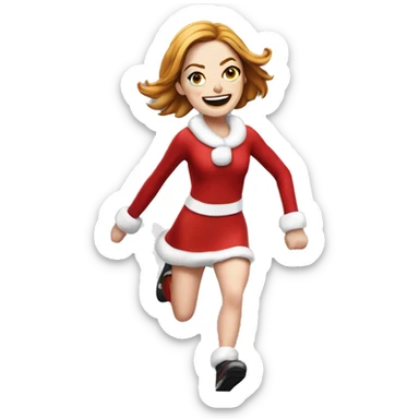 Emma Stone running emoji, with a large stride and arms outstretched, in a santa costume sticker