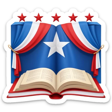 Open book about theatrical scenography with the Puerto Rican flag integrated into its pages, showing theater stage designs in red and blue colors with a white star sticker