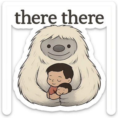 Reduce the image dimensions to make the file smaller, keep the background transparent, and preserve the 'there there' text through the head of the Abominable Snowman hugging the much smaller kid. Maintain the original style and transparency. sticker