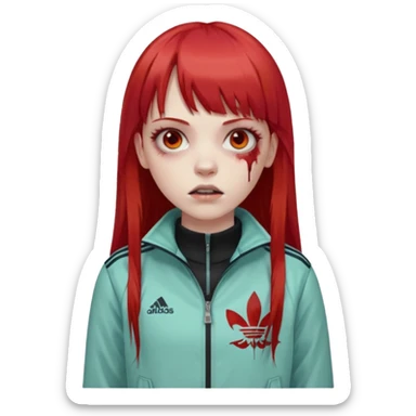 Crie um emoji de uma menina zumbi  com o cabelo vermelho longo com uma franja reta casaco de gola alta da adidas sticker
