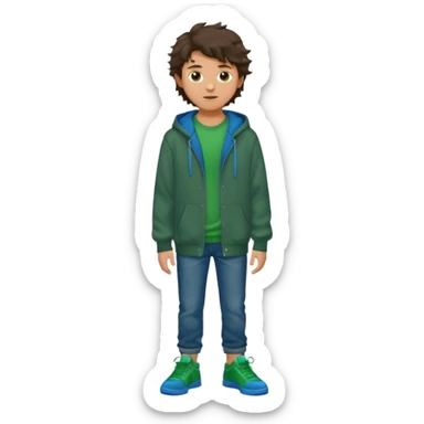 a 14 year old slightly tanned teenage boy with dark brown tousled wavy hair, wearing a green tshirt, with a dark green hoodie overcoat with blue jeans and green shoes sticker