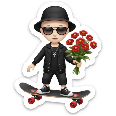 ["A sad boy with pale skin, bald, wearing a sunhat and sunglasses, dressed in goth fashion, is skateboarding while holding a flower bouquet."] sticker