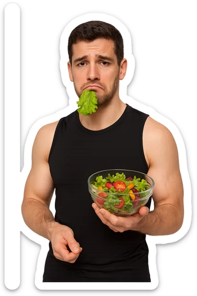 uomo fitness cON INSALATA IN MANO E FOGLIA DI INSALATA IN BOCCA, ESPRESSIONE TRISTE sticker