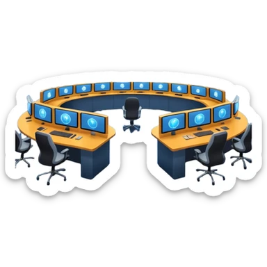 Cinematic mission control center, massive curved video walls with complex telemetry and glowing data visualizations, symmetrical high-tech workstations, dim blue and amber ambient lighting, sharp focus, hyper-realistic, atmosphere of absolute precision. sticker