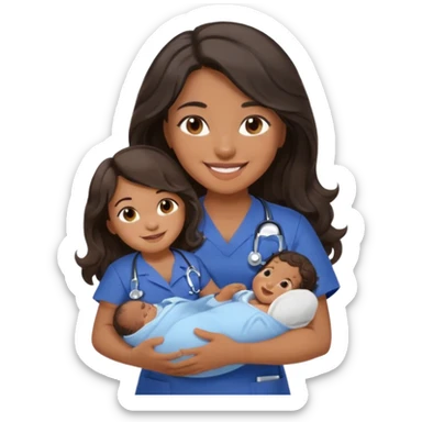 Female nurse smiling with long dark wavy hair with medium brown skin and brown eyes holding one tiny new born baby with navy blue short sleeves sticker