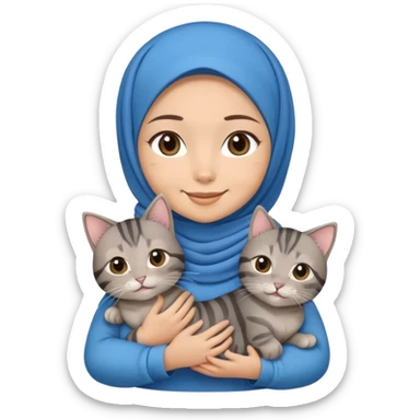Asian white girl wearing blue hijab with dress holding a black grey tabby cat while smiling sticker