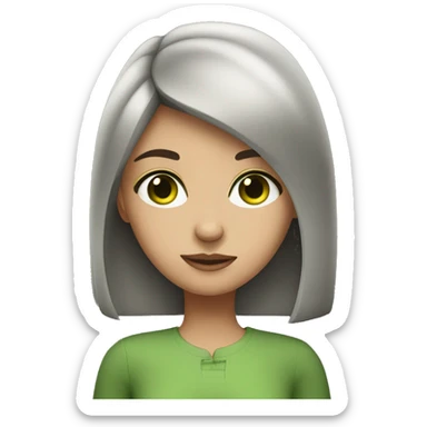 A girl with dark brown hair, green eyes and a snub nose sticker