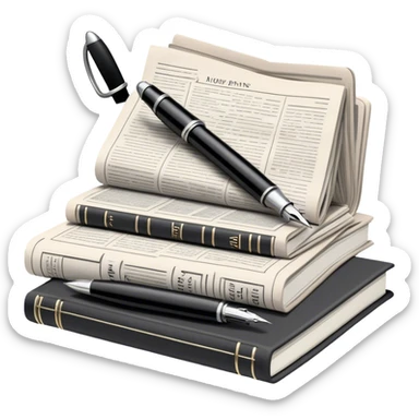 Create an emoji representing journalism and publicistic writing. The design should feature a stack of newspapers, an open notebook, and a single classic fountain pen placed on top of the notebook, symbolizing the act of writing. The scene should convey a sense of professionalism and thoughtful analysis. Use a neutral and professional color palette, with black, white, and muted tones. Do not include any emojis or smiley faces. Make the background transparent. sticker