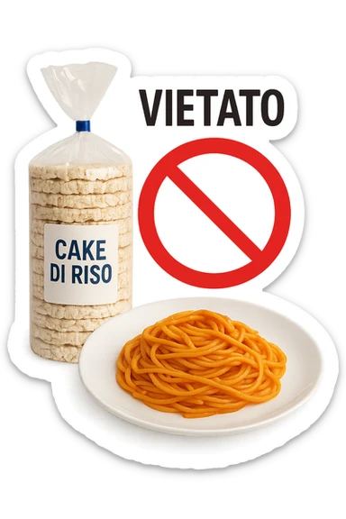 confezione di gallette di riso con accanto un piatto di pasta con divieto sopra, in italiano,  realistici sticker
