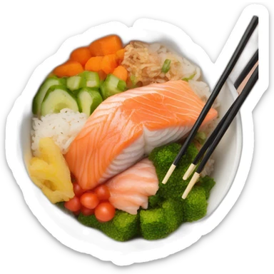 rice salmon pokebowl with veggies and chopsticks sticker
