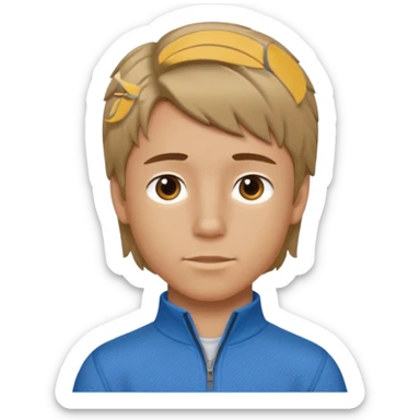 boy with dark blonde hair in a mullet with a neat blue undershirt and brown quarter zip sticker