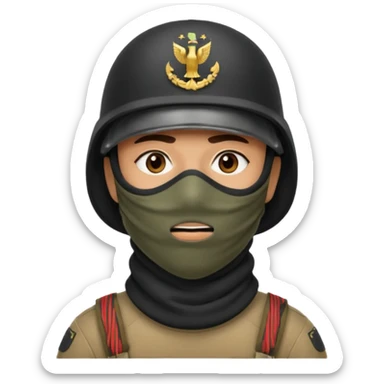 
an Iraqi soldier with a serious face, wearing a helmet and a balaclava covering his mouth sticker