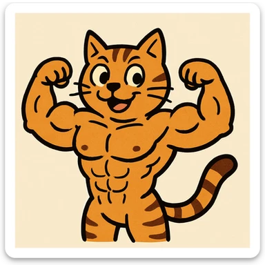 muscle cat, cartoonish style, bold lines, playful expression, simple and fun sticker