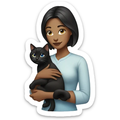 woman with black hair and blue eyes holding a tabby cat sticker