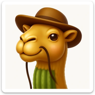 Make a camel emoji exactly like the reference image, in iOS emoji style. Same face, neck, and expression, smooth and shiny. Add a slight blush to the cheeks. sticker