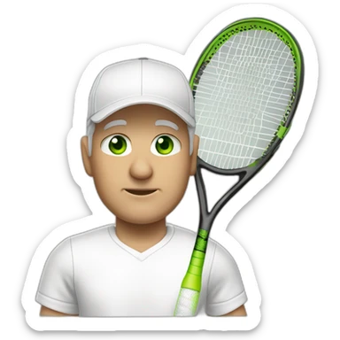 Tennisplayer white-male in his 50s,Green-eyes, gray-hear, white cap and white-shirt with tennis-raquet and tennis-ball sticker