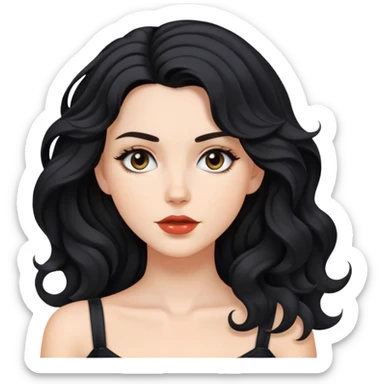 A white girl with sholder length black wavy hair with colar bone and sedusive face sticker
