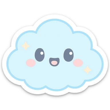 chibi cloud character, soft and fluffy, open mouth smile, pastel blue, sparkles, gentle lighting, kawaii vector sticker sticker