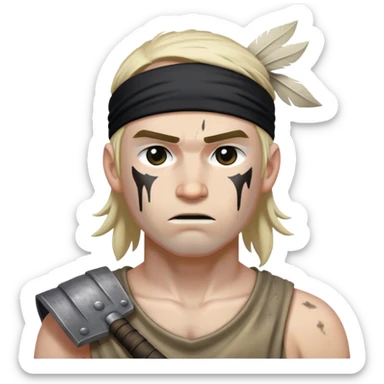 A battle-worn warrior with a black headband, sweat and dirt streaked across his pale skin sticker
