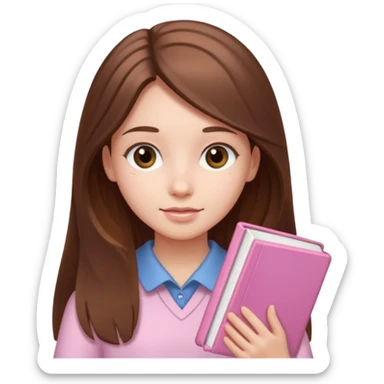girl with fair skin and long brown hair holding a light-pink book sticker