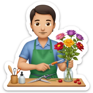 Middle-aged male florist – apron on, trimming stems with scissors sticker