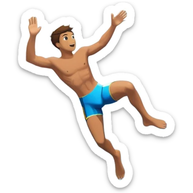 A diver mid-air, plunging from a high cliff into the sparkling ocean below. The background features rugged cliffs, clear blue water, and a bright sky, emphasizing the excitement and danger of the sport with a sense of freedom and adventure. sticker