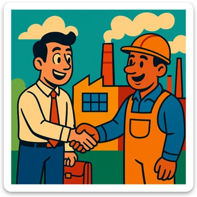 cartoon style office worker shaking hands with factory worker, factory in background, friendly atmosphere sticker