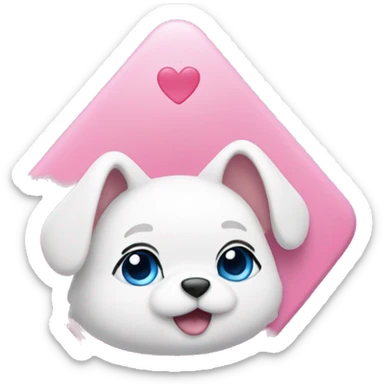 pink inverted triangle with rounded corners, with white cute eyes and heart-shaped pupils, white ears and a blue bow on top, little white paws on the sides, and blue paws on the bottom sticker
