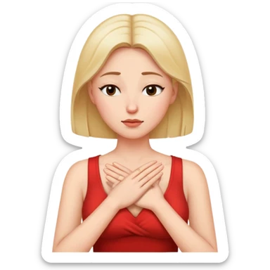 Woman making a “no thanks” gesture like refusing food or drinks offered. Only one hand on her chest, the other hand free on the side, eyes closed sticker