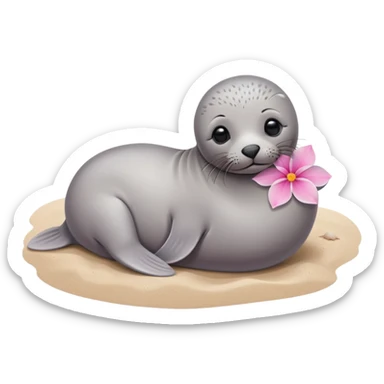 A small, slim baby seal resting gracefully on a sandy beach, with a delicate pink flower placed on its head.  Grey color sticker