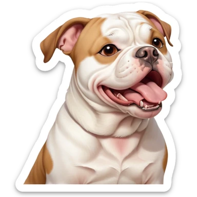 Cinematic Cute Yawning White and Brown American Bulldog Portrait Emoji, Head tilted slightly with a dramatic, wide-open yawn, soft white fur with bold brown patches, floppy ears slightly drooping, round brown eyes barely open in drowsy contentment, Simplified yet irresistibly adorable features, highly detailed, glowing with a soft, cozy glow, high shine, relaxed yet expressive, stylized with a touch of whimsy, bright and endearing, soft glowing outline, capturing the essence of a sleepy yet affectionate pup, so drowsy it feels like it could stretch right out of the screen and curl up for a nap! sticker