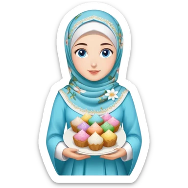 Turkish beautiful finish Konya girl blue eyes with lily floral hijab islamic dress and had on her hand text Eid Mubarak with sweets and celebrating with her friends eid days   sticker