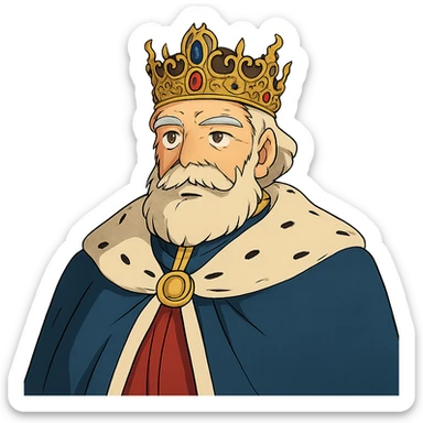 ghibli style regal king with ornate crown sticker