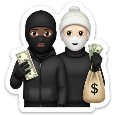 Two men one with white skin color and the other black skin color and both wearing black Ski masks holding money bag sticker