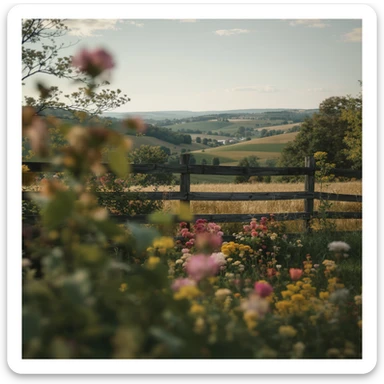 "Two shot" in the foreground, blurred plants in the foreground (frame within a frame), a wooden fence and colorfull flowers in the midground, Poland, rolling hills in the background, cinematic depth of field, layered composition, natural lighting sticker