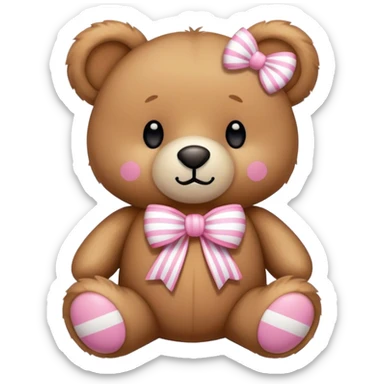 A light brown teddy bear with a white bow with thin pink stripes around its neck sticker