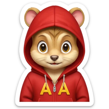 Portrait of a cartoon chipmunk with light brown and beige fur, wearing a red hoodie with a yellow 'A' on it, big round eyes, small nose, and a mischievous grin, front-facing, stylized in animated movie style sticker