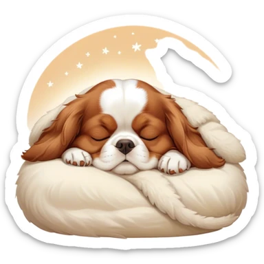 Cinematic Chubby Sleeping Cavalier King Charles Spaniel Portrait Emoji, Chubby and serene, with a round, endearing build and a plush, silky coat of rich chestnut and white, eyes gently closed in peaceful slumber, Simplified yet irresistibly endearing features, highly detailed, glowing with a gentle, dreamy glow, high shine, relaxed and content, stylized with a touch of whimsy, bright and heartwarming, soft glowing outline, capturing the essence of a blissfully sleepy companion, so comically serene it feels like it could roll out of the screen and snore with adorable charm! sticker